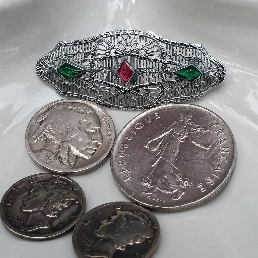 1920's Silver Filagree & Rhinestone Brooch